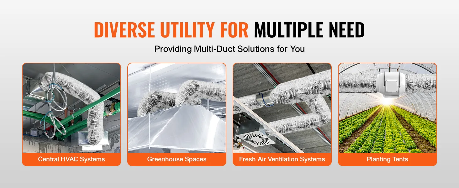 diverse uses of VEVOR dryer vent hose for hvac systems, greenhouses, ventilation, and planting tents.
