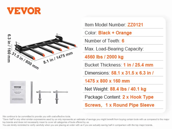 VEVOR puinvorken, zwart en oranje, laadvermogen 2040 kg, 6 tanden, inclusief haakschroeven en buismof.