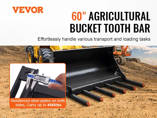 VEVOR landbouwbak met tandenbalk op een gele lader met versterkte stalen platen en een capaciteit van 4560 lbs.