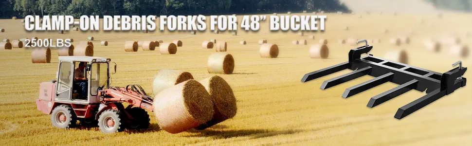 tractor in a field with hay bales using VEVOR debris forks for 48" bucket capacity.
