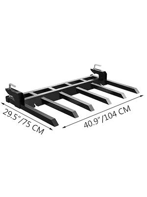 VEVOR debris forks with 29.5" width and 40.9" length measurements displayed.