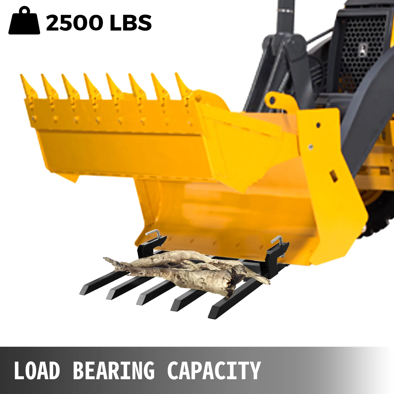 yellow skid steer with VEVOR debris forks clearing branches, capacity 2500 lbs.