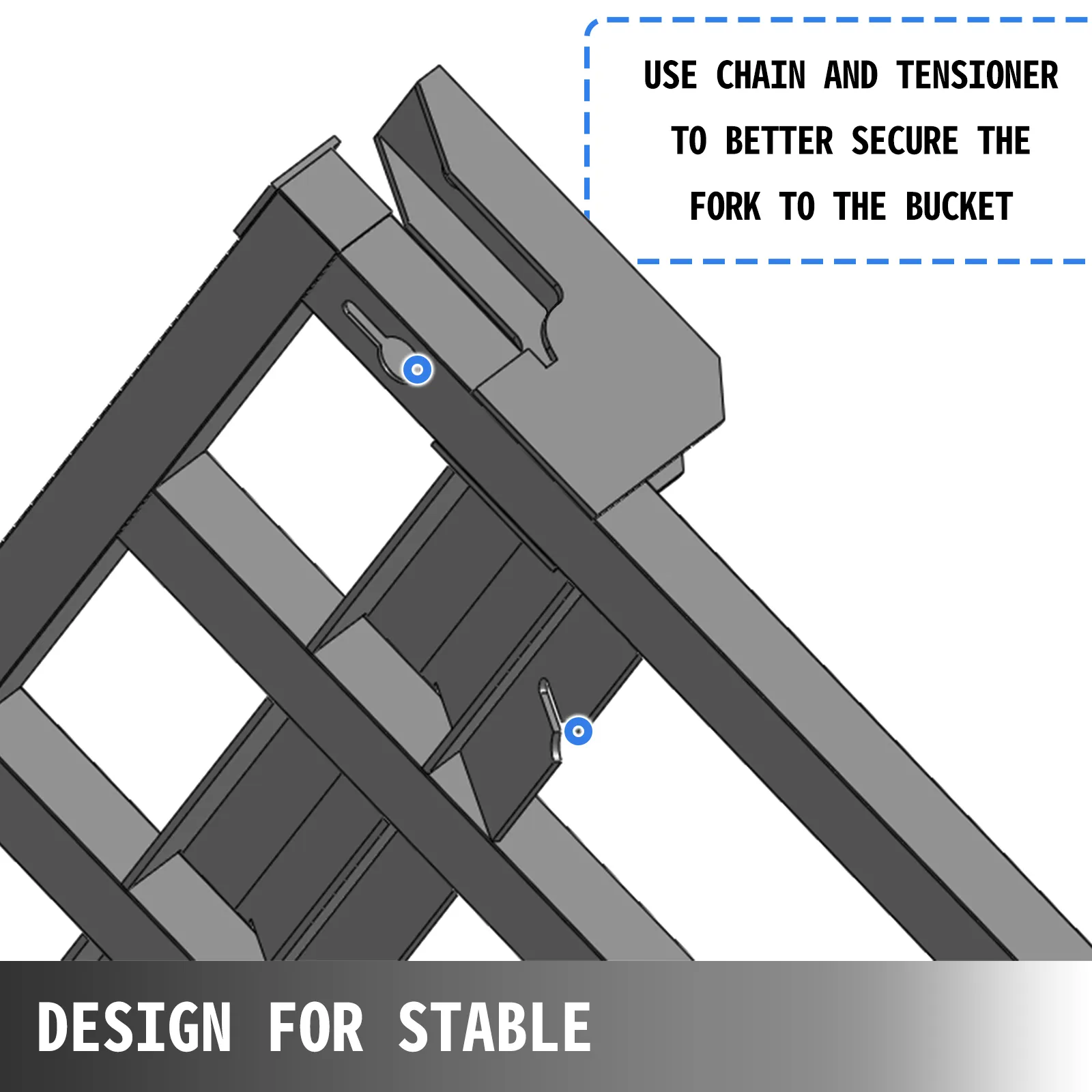 VEVOR debris forks secured with chain and tensioner for stability on the bucket.