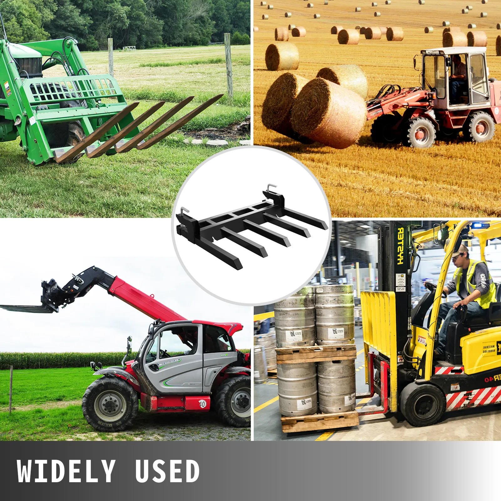VEVOR debris forks used for farming, construction, and warehouse tasks.