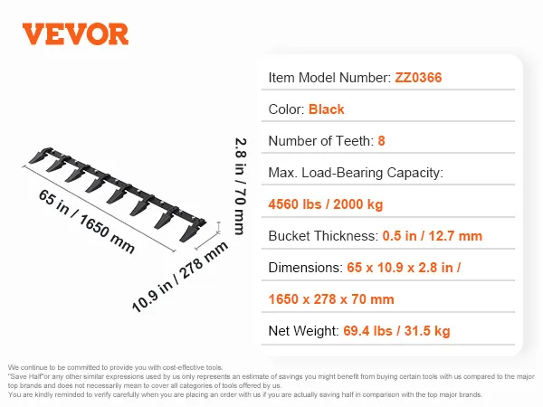 VEVOR bucket tooth bar with 8 teeth, zz0366 model, 4560 lbs capacity, 69.4 lbs, 1650x278x70mm dimensions.