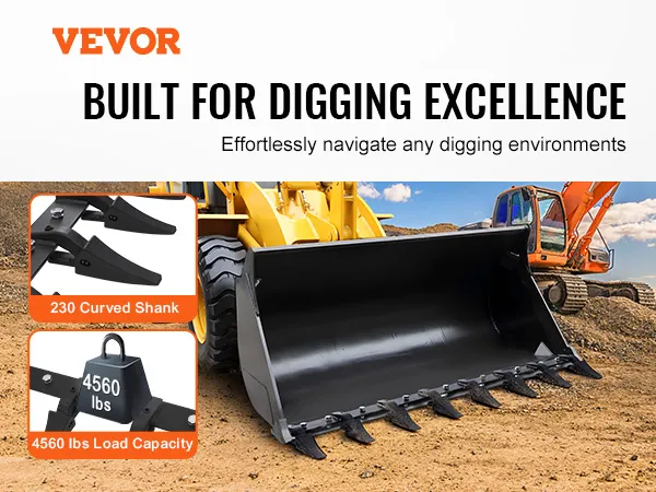 VEVOR bucket tooth bar for efficient digging, 230 curved shank, 4560 lbs load capacity.