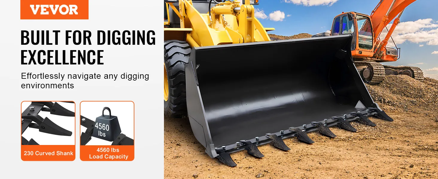 VEVOR bucket tooth bar for efficient digging, 230 curved shank, 4560 lbs load capacity.