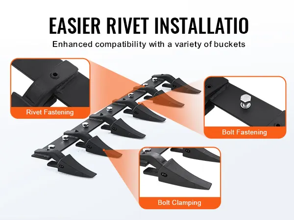 VEVOR bucket tooth bar showing rivet fastening, bolt fastening, and bolt clamping for easier installation.