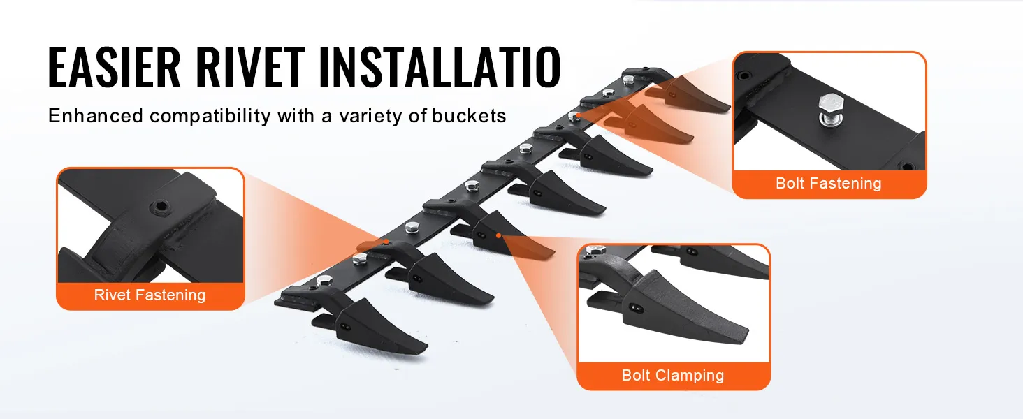 VEVOR bucket tooth bar showing rivet fastening, bolt fastening, and bolt clamping for easier installation.