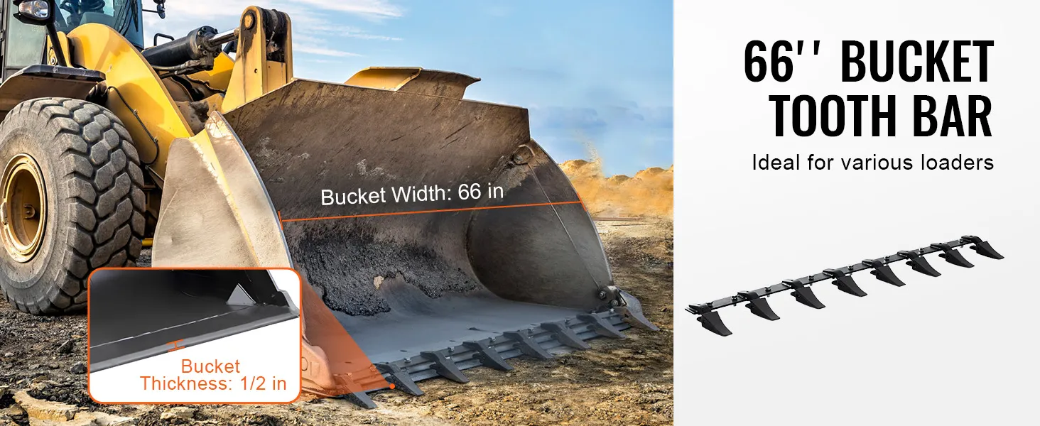 66" VEVOR bucket tooth bar for loaders, 66 in wide bucket, 1/2 in thick bucket blade.