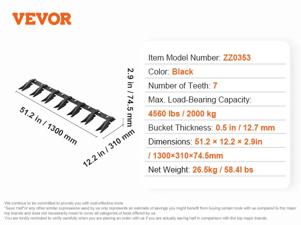 VEVOR emmertandenbalk met 7 tanden, 51,2 inch lang, zwart, max. belasting 4560 lbs, model zz0353.