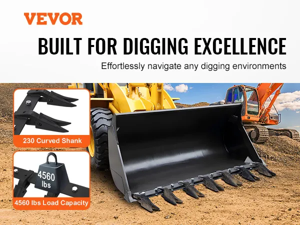 VEVOR-baktandbalk op een gele lader, ter promotie van de 230 gebogen schacht en het laadvermogen van 4560 lbs.