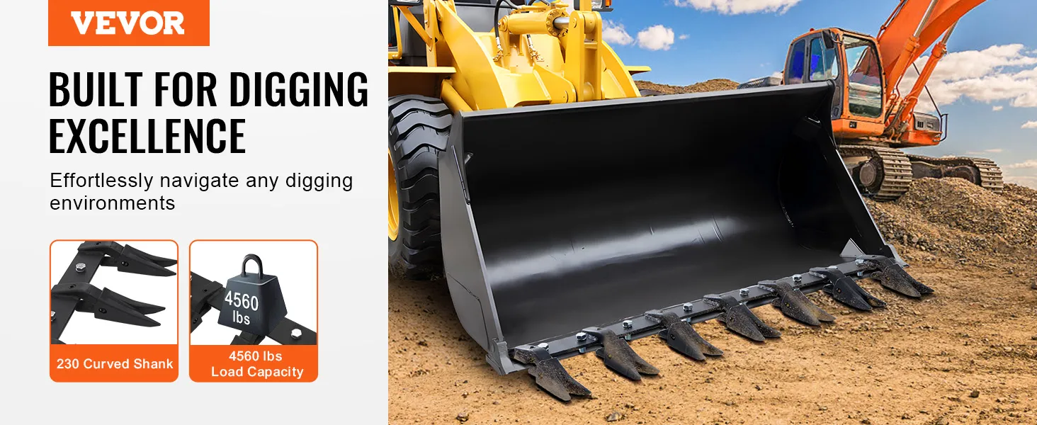 VEVOR-baktandbalk op een gele lader, ter promotie van de 230 gebogen schacht en het laadvermogen van 4560 lbs.