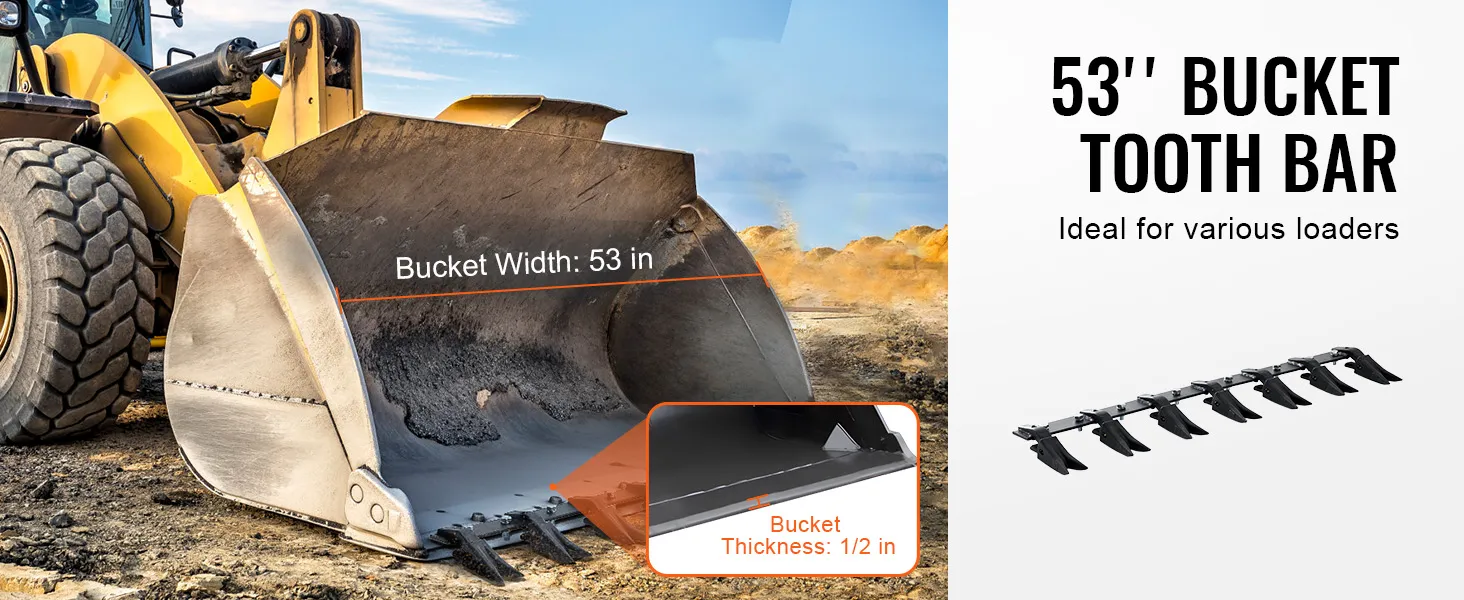 Gele lader met 53" bakbreedte en VEVOR baktandbalkbevestiging voor verbeterd graafwerk.