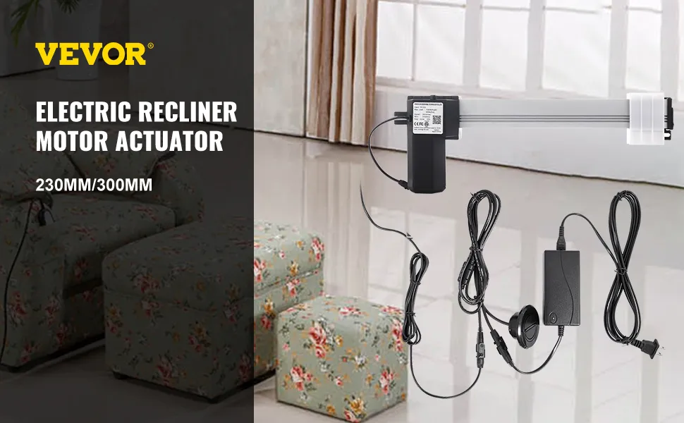 Actuador de motor reclinable eléctrico VEVOR con cables, cerca de sillón floral y otomana.