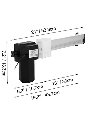 Motor reclinable eléctrico VEVOR con dimensiones etiquetadas para largo, alto y ancho.