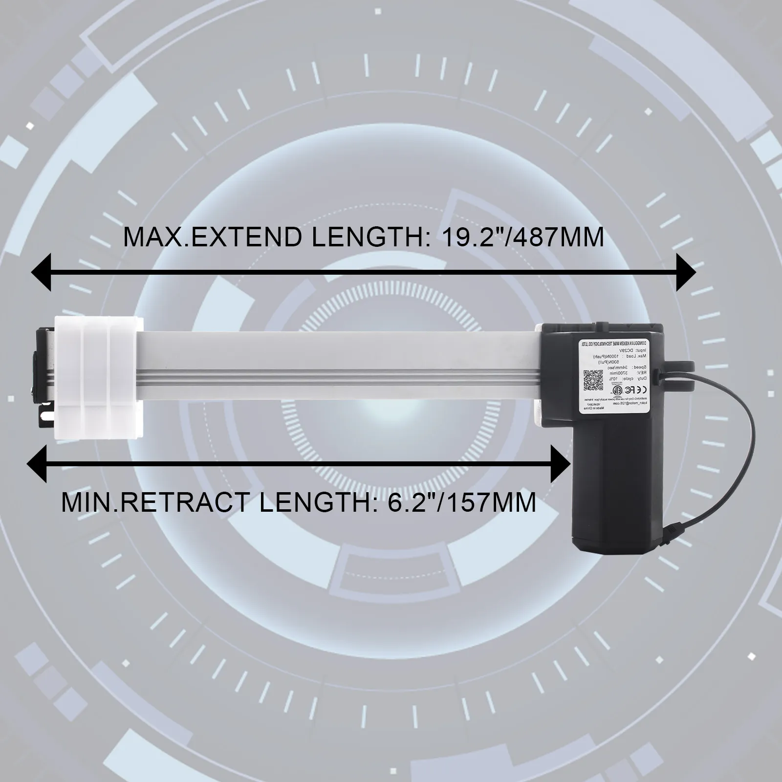 Motor reclinable eléctrico VEVOR con longitud de extensión de 19,2"/487 mm y longitud de retracción de 6,2"/157 mm.