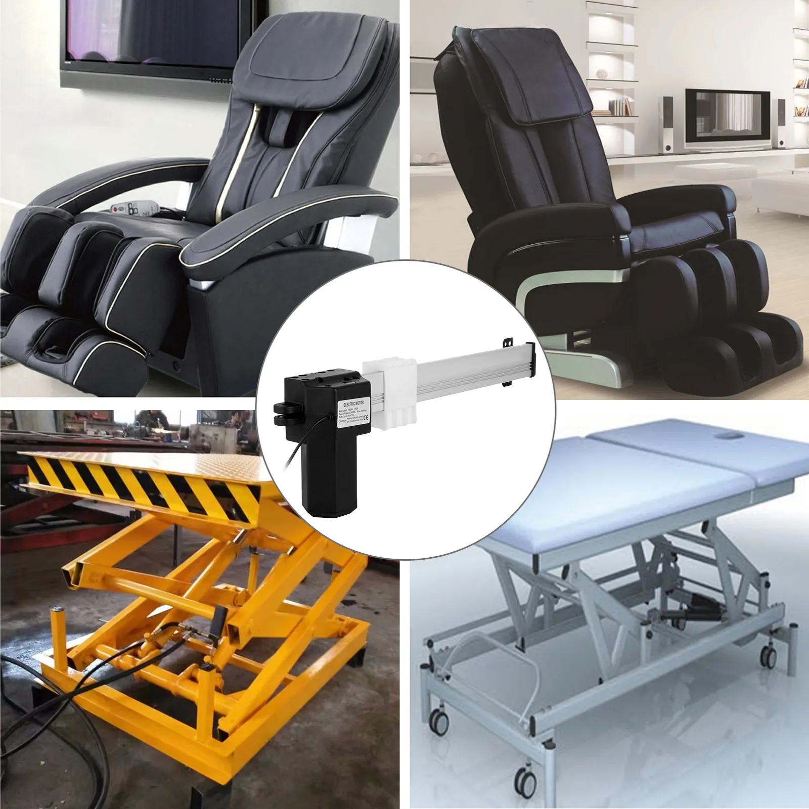 Motor reclinable eléctrico VEVOR mostrado con sillones reclinables, mesa elevadora y cama ajustable.