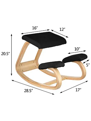 VEVOR ergonomic kneeling chair with black cushions and wooden frame, showing dimensions.