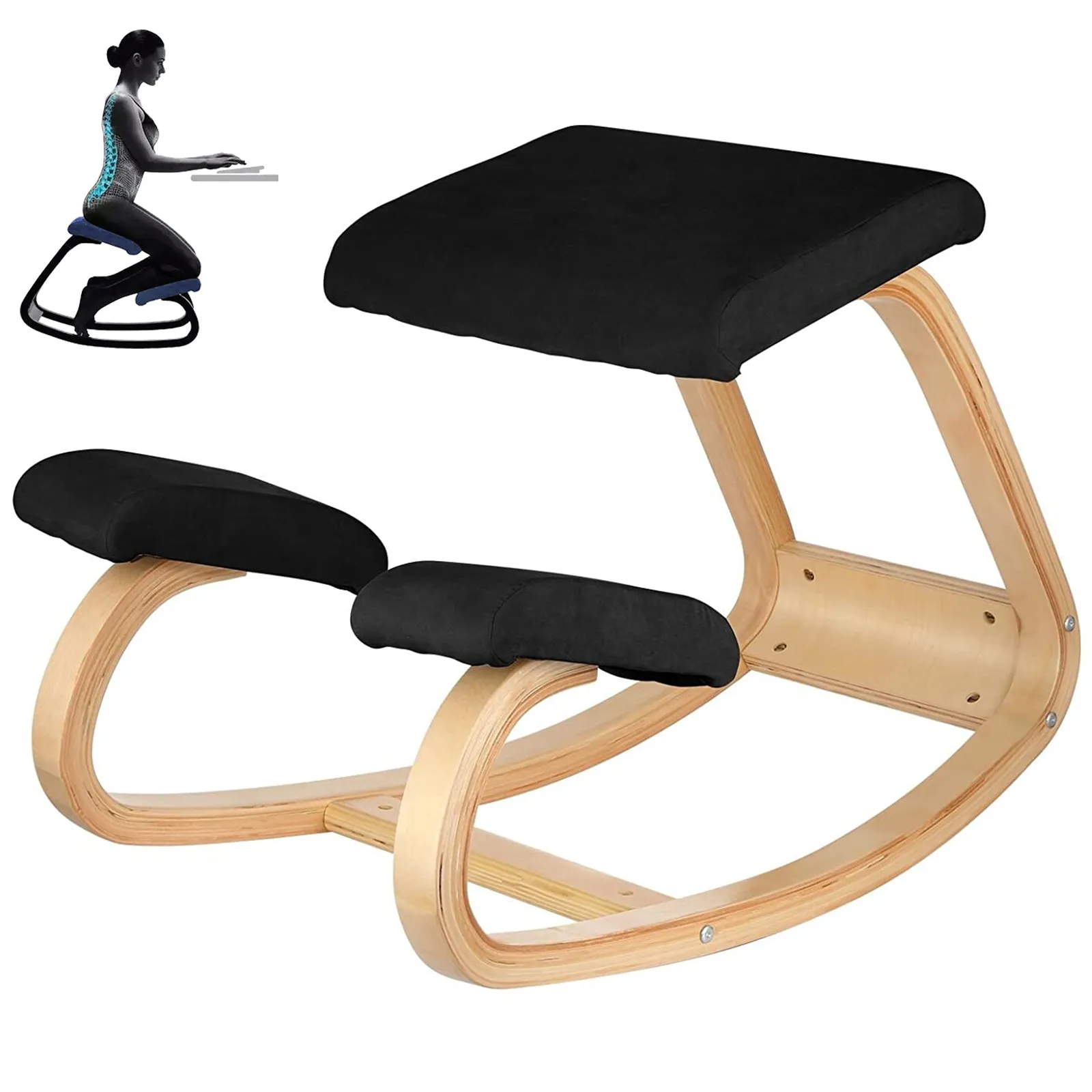 VEVOR ergonomic kneeling chair with wood frame and black cushions, side view.