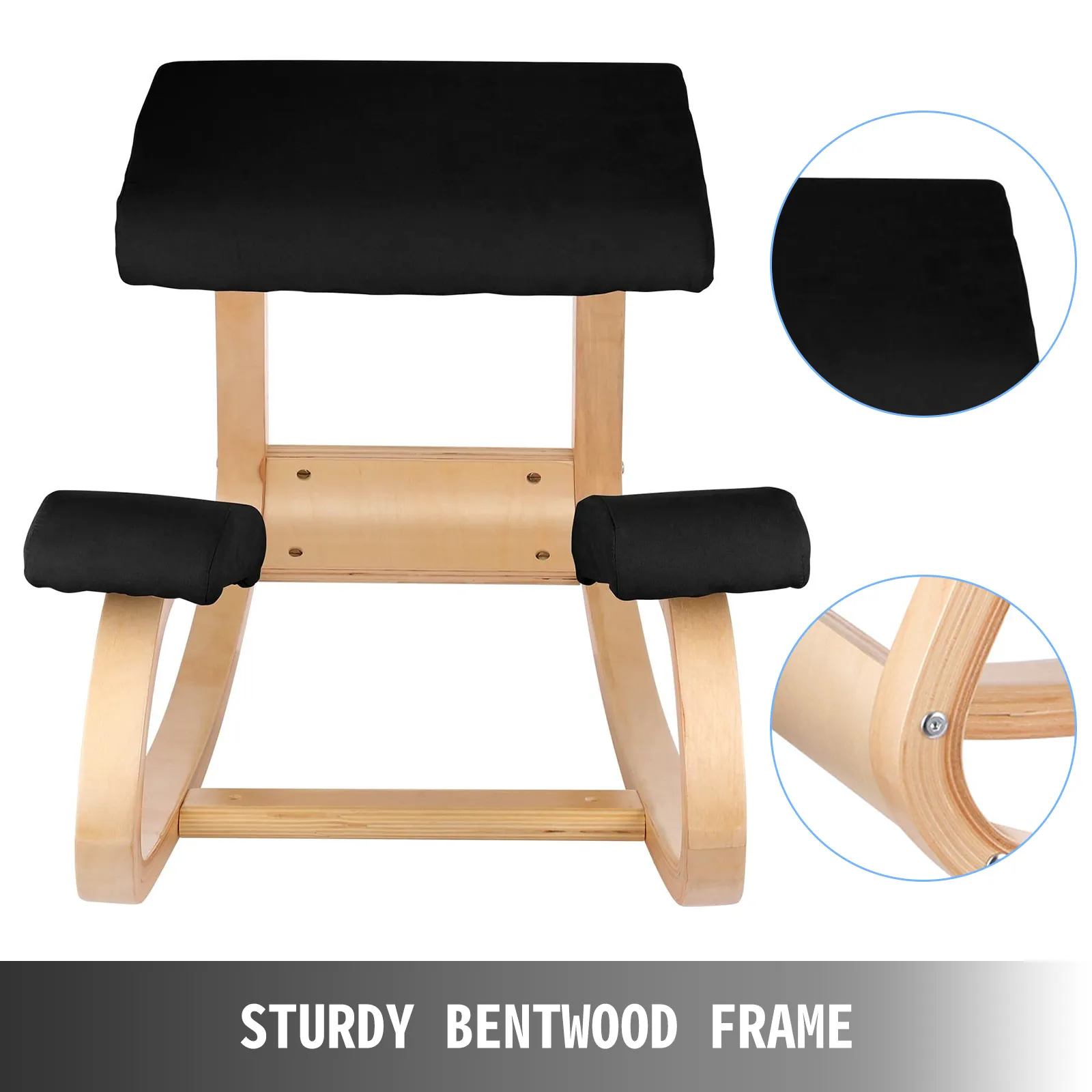 VEVOR ergonomic kneeling chair with black cushions and a sturdy bentwood frame.