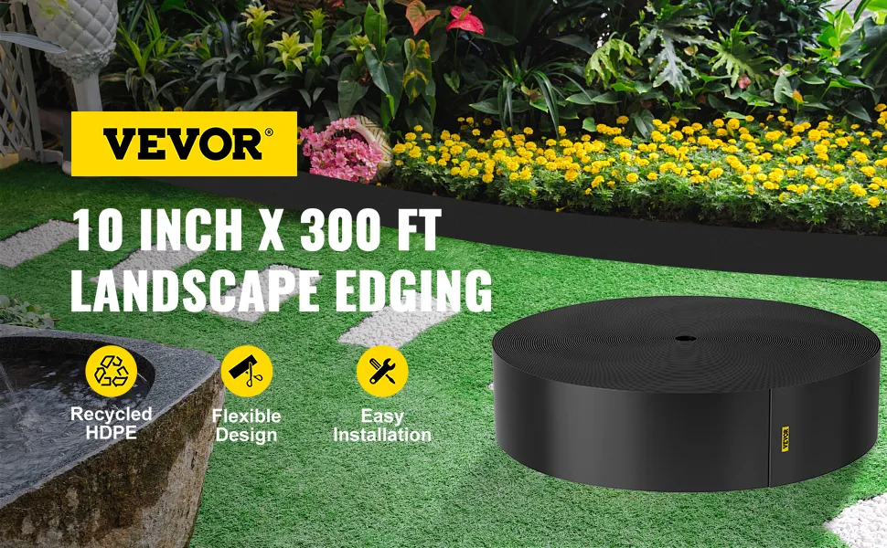 VEVOR landscape edging: 10 inch x 300 ft, recycled hdpe, flexible design, easy installation, garden background.