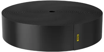black roll of VEVOR landscape edging, coiled in a circular shape with a yellow VEVOR logo.