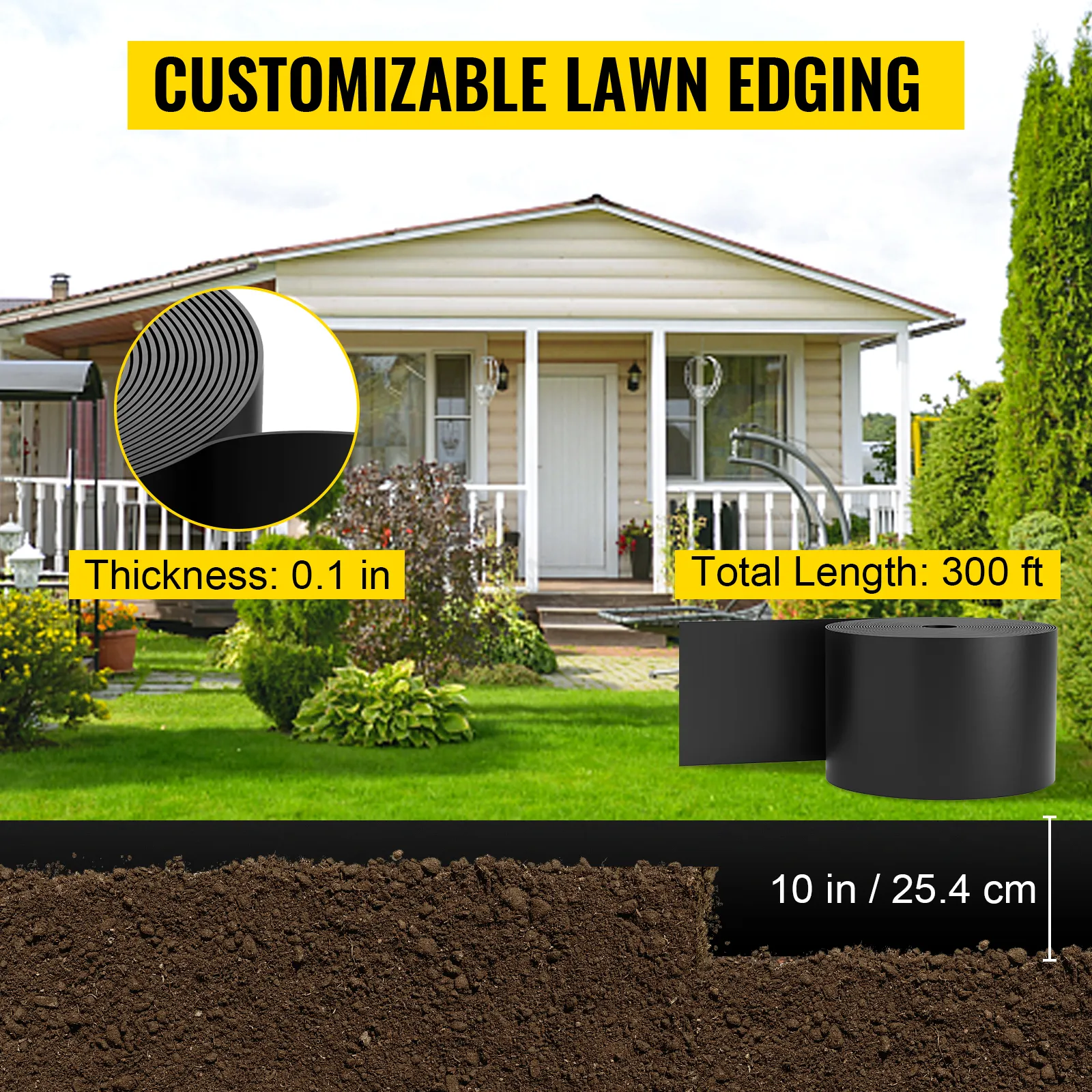 customizable lawn edging by VEVOR for precise garden borders; 0.1 inch thick, 300 ft long, 10 inch depth.
