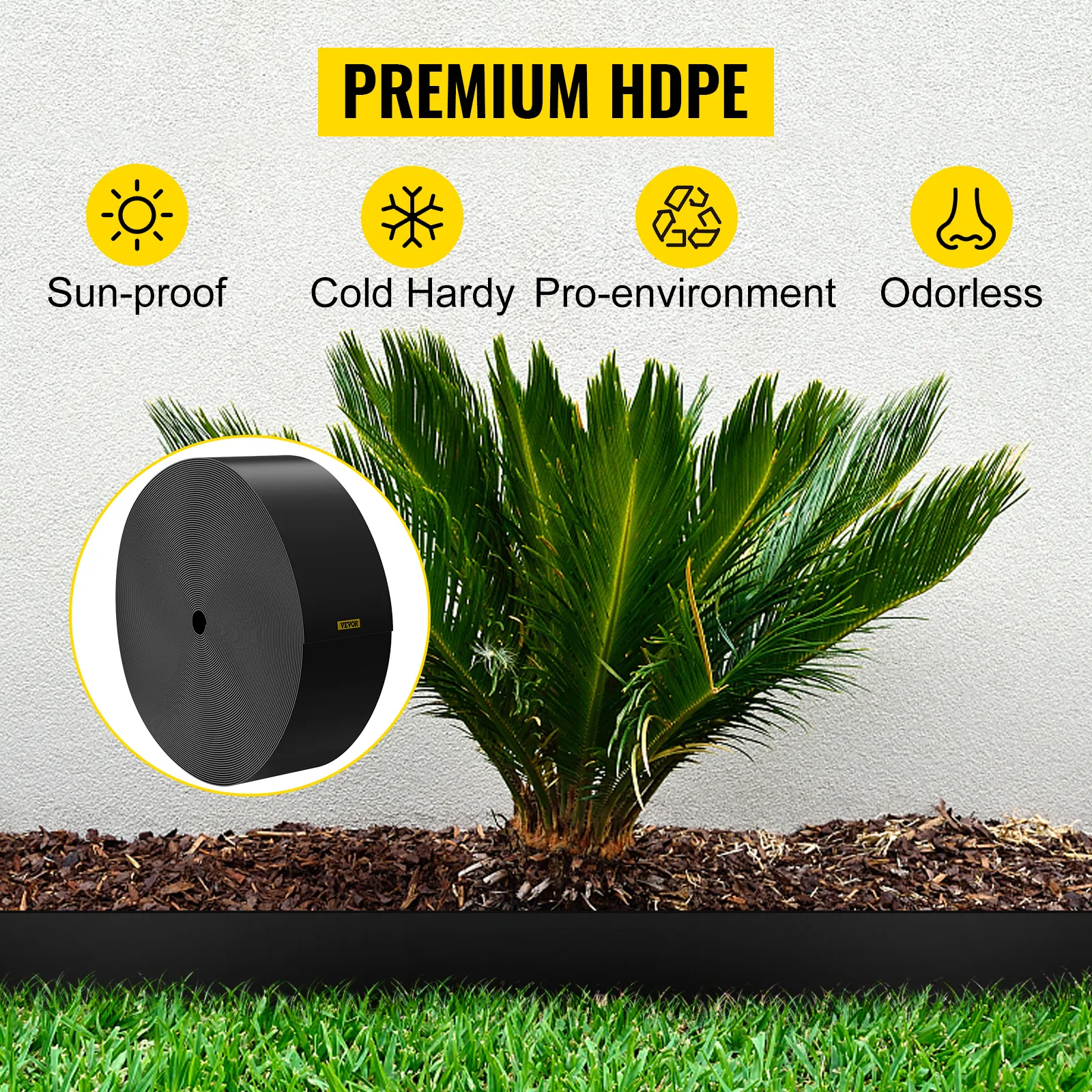 VEVOR landscape edging featured with premium hdpe, sun-proof, cold hardy, and pro-environment benefits.