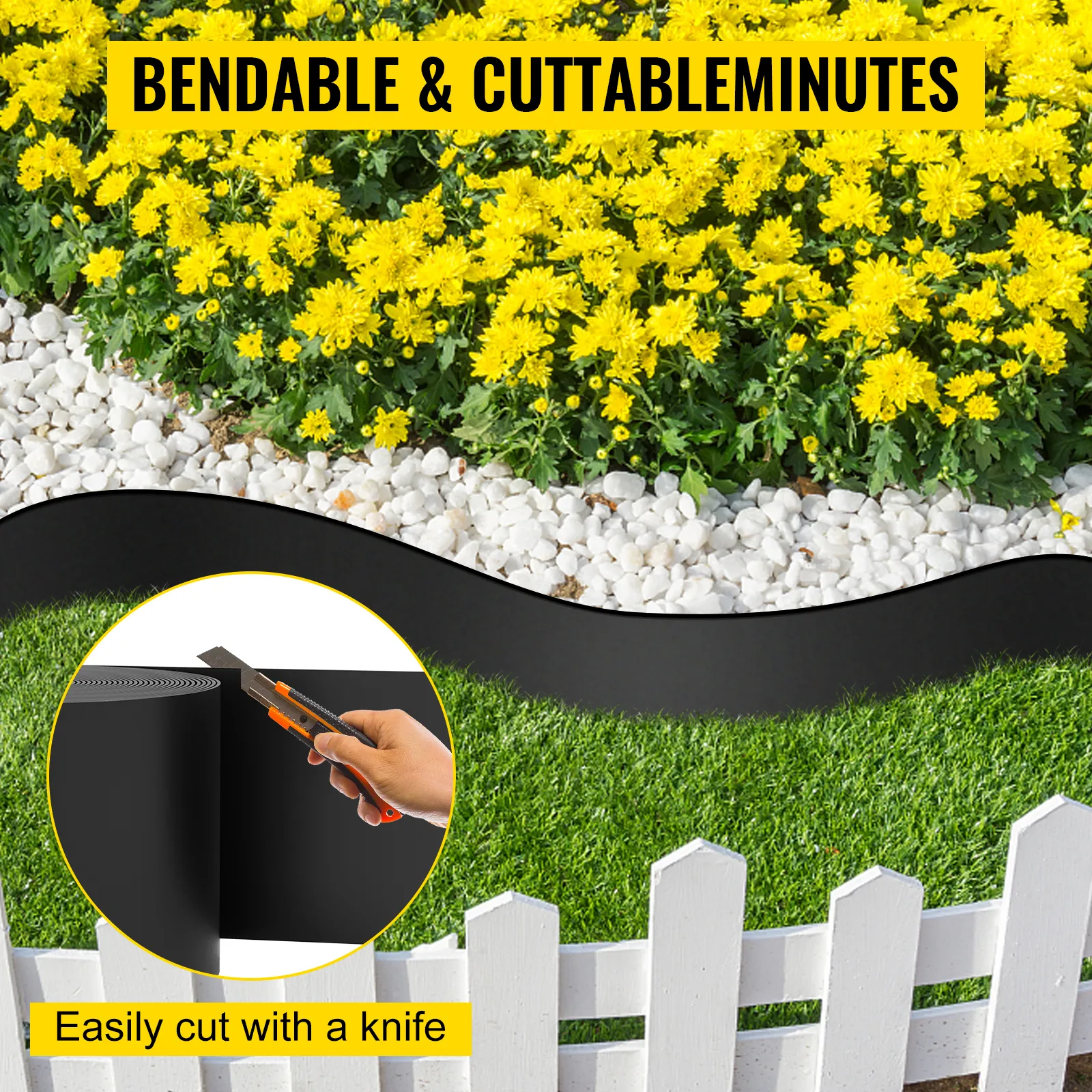 bendable VEVOR landscape edging with yellow flowers, white rocks, and grass. easily cut with a knife.