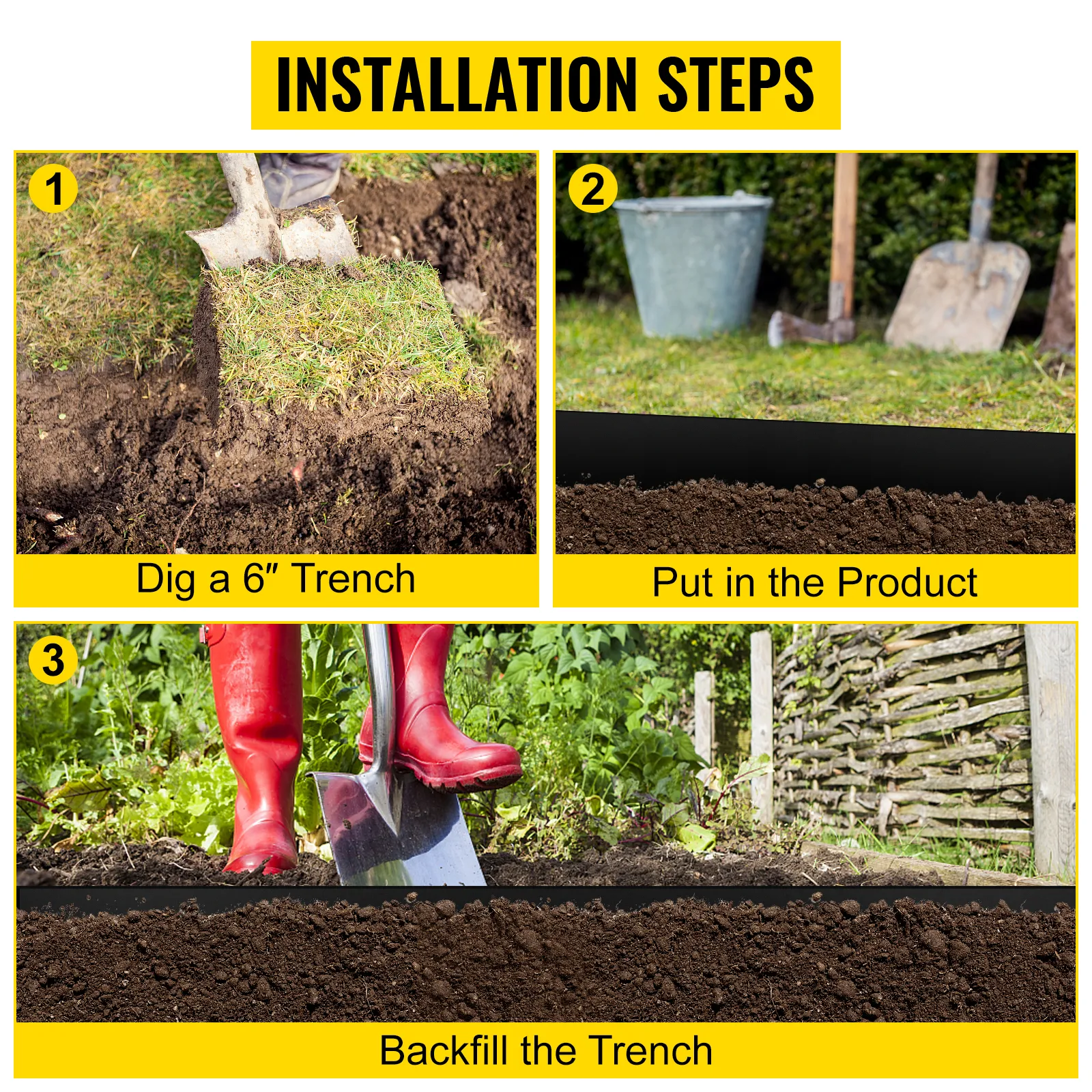 VEVOR landscape edging installation steps: trench digging, product placement, and trench backfilling.