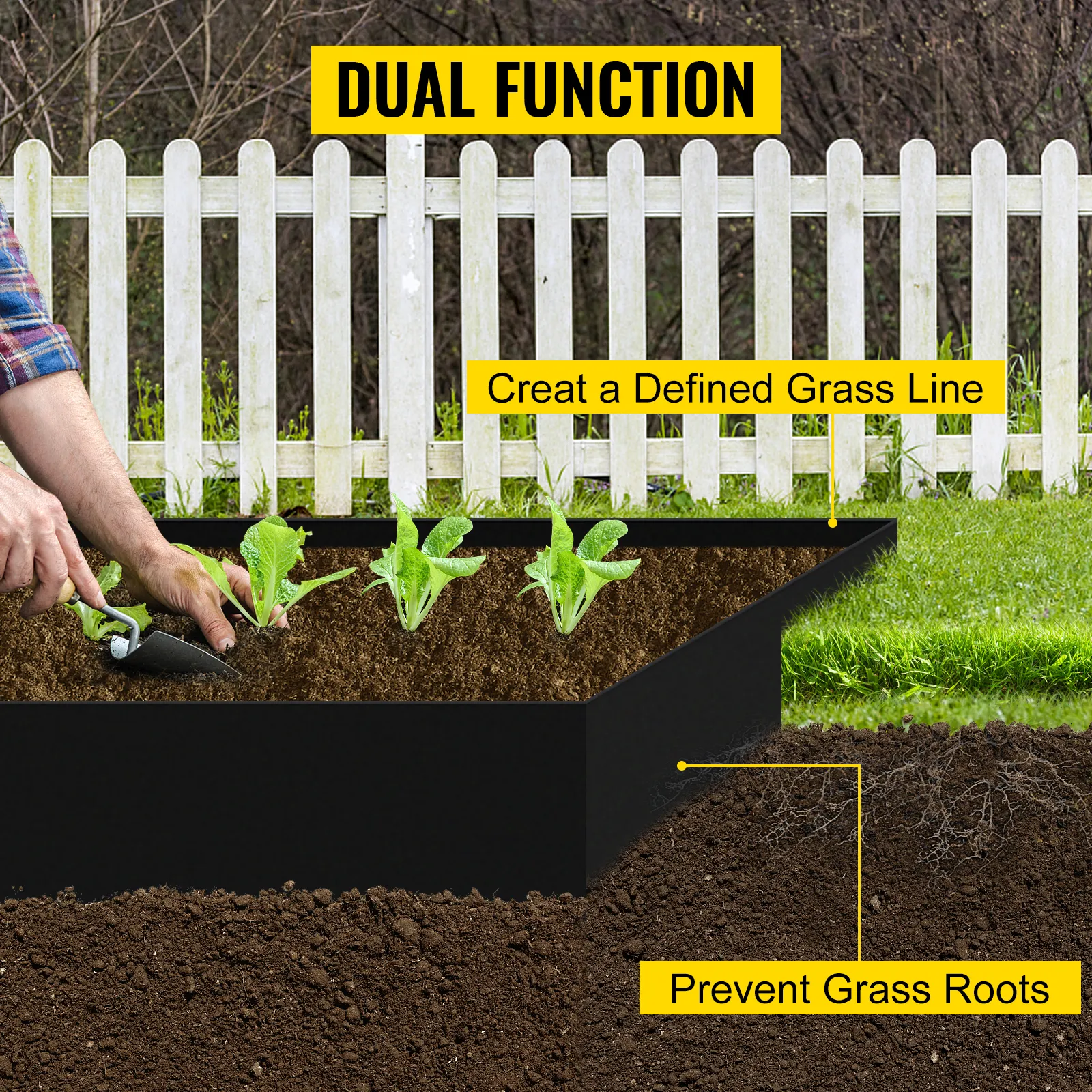 VEVOR landscape edging with dual function for defining grass line and preventing grass roots.