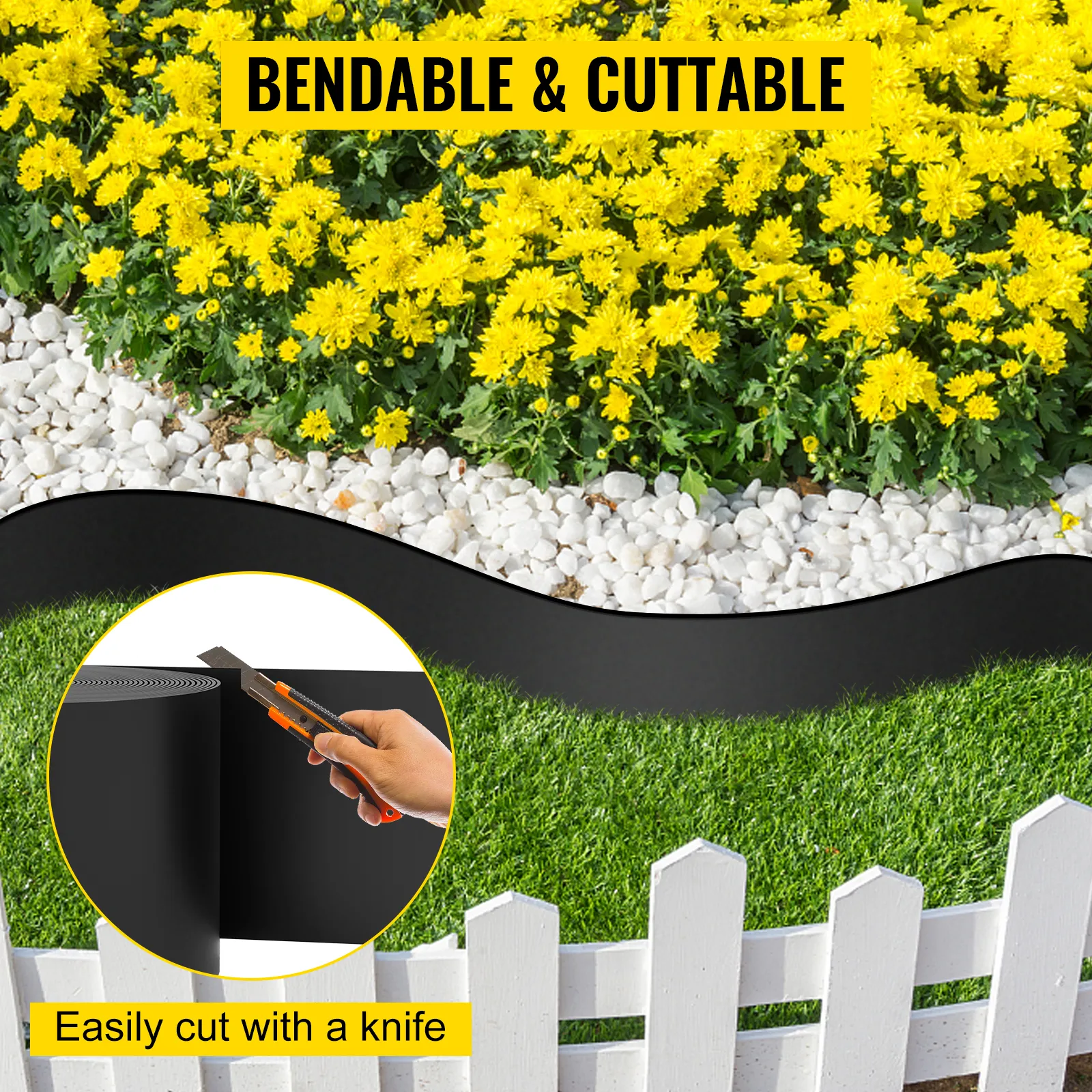 bendable and cuttable VEVOR landscape edging separates a garden with yellow flowers and white rocks from a grass lawn.