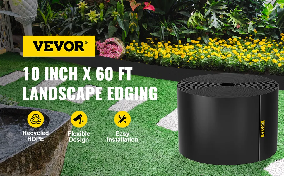 VEVOR-Landschaftsrandrolle, 10 Zoll x 60 Fuß, präsentiert in einem üppigen Garten mit leuchtenden Blumen.