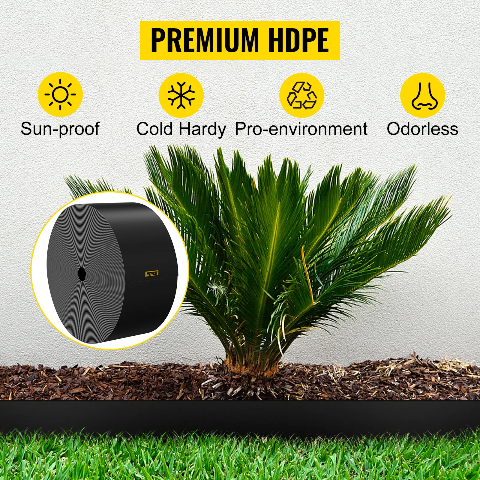 Borde paisajístico VEVOR alrededor de una palmera con seto e íconos que indican características a prueba de sol, resistente al frío y sin olor.