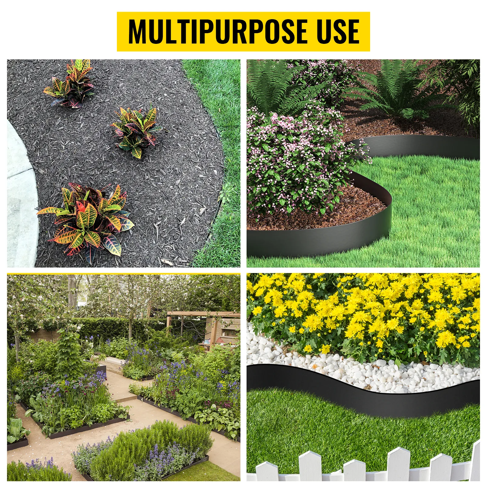Diseño de jardín multiusos con bordes paisajísticos VEVOR que separan plantas y caminos.