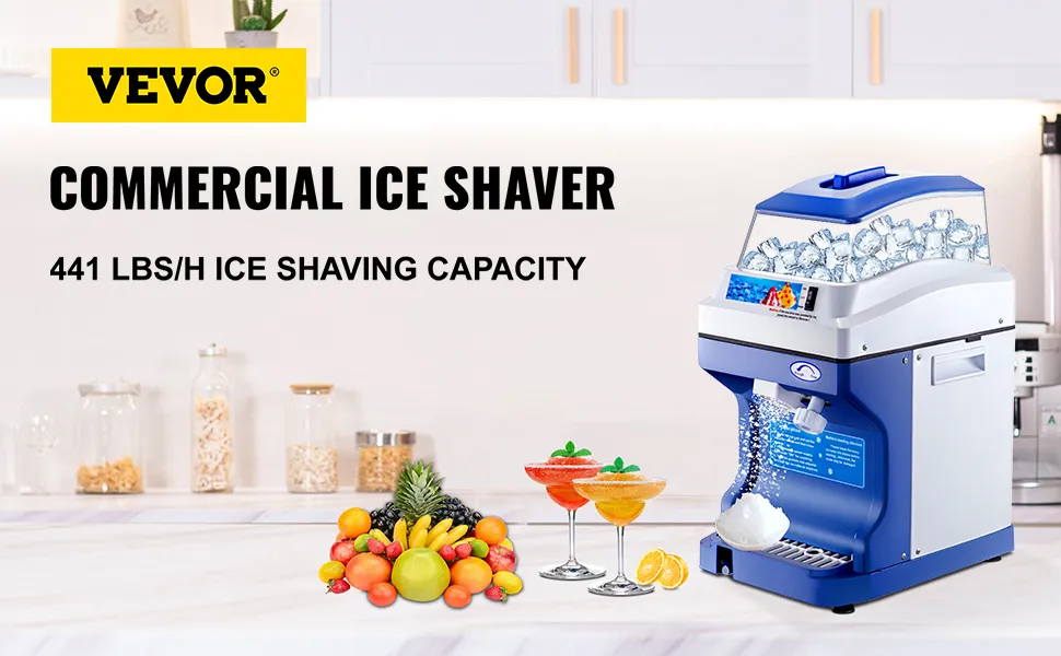 VEVOR ice shaver crusher with 441 lbs/h ice shaving capacity on a kitchen counter.