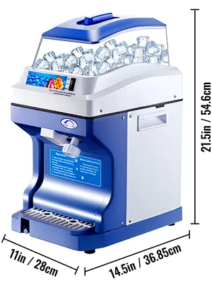VEVOR ice shaver crusher in blue and white, with ice and size dimensions.