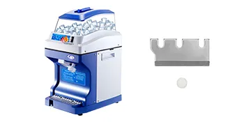 VEVOR ice shaver crusher with blade and ice cube, blue and white machine.