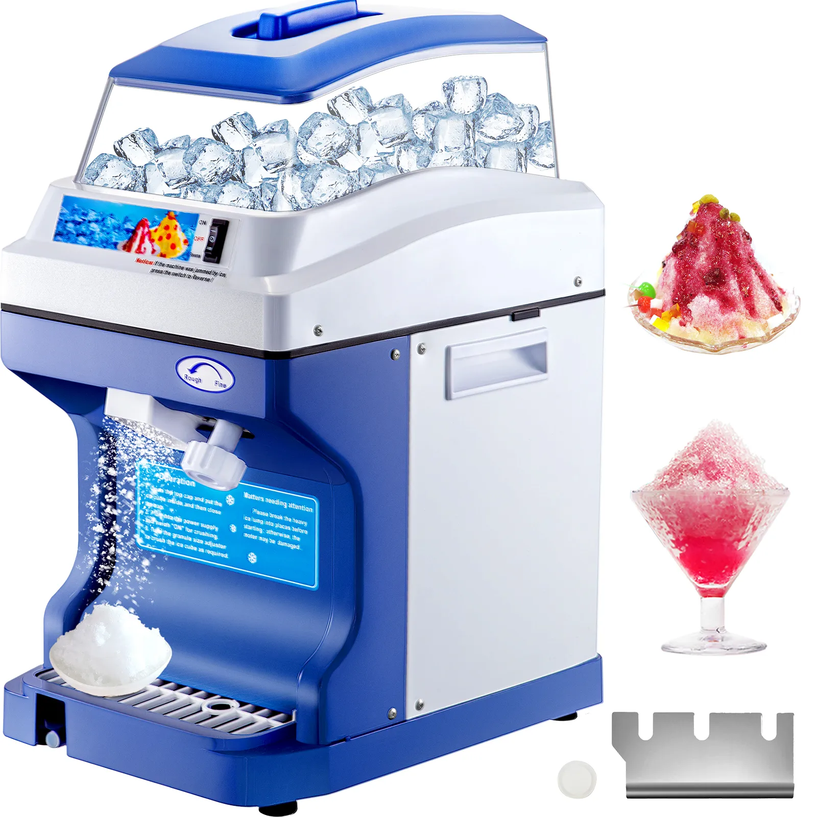 VEVOR ice shaver crusher with shaved ice, snow cones, and martini glass displays.