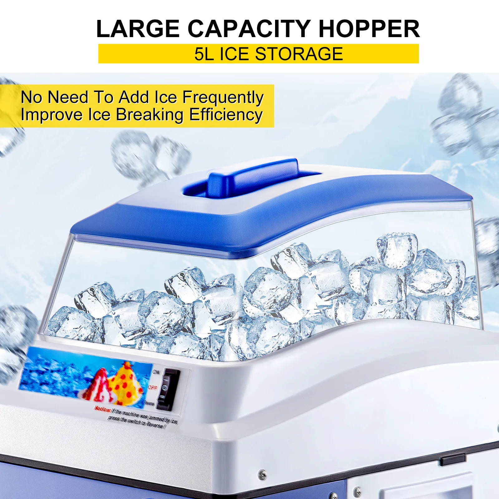 VEVOR ice shaver crusher with large capacity 5l hopper and ice cubes inside.