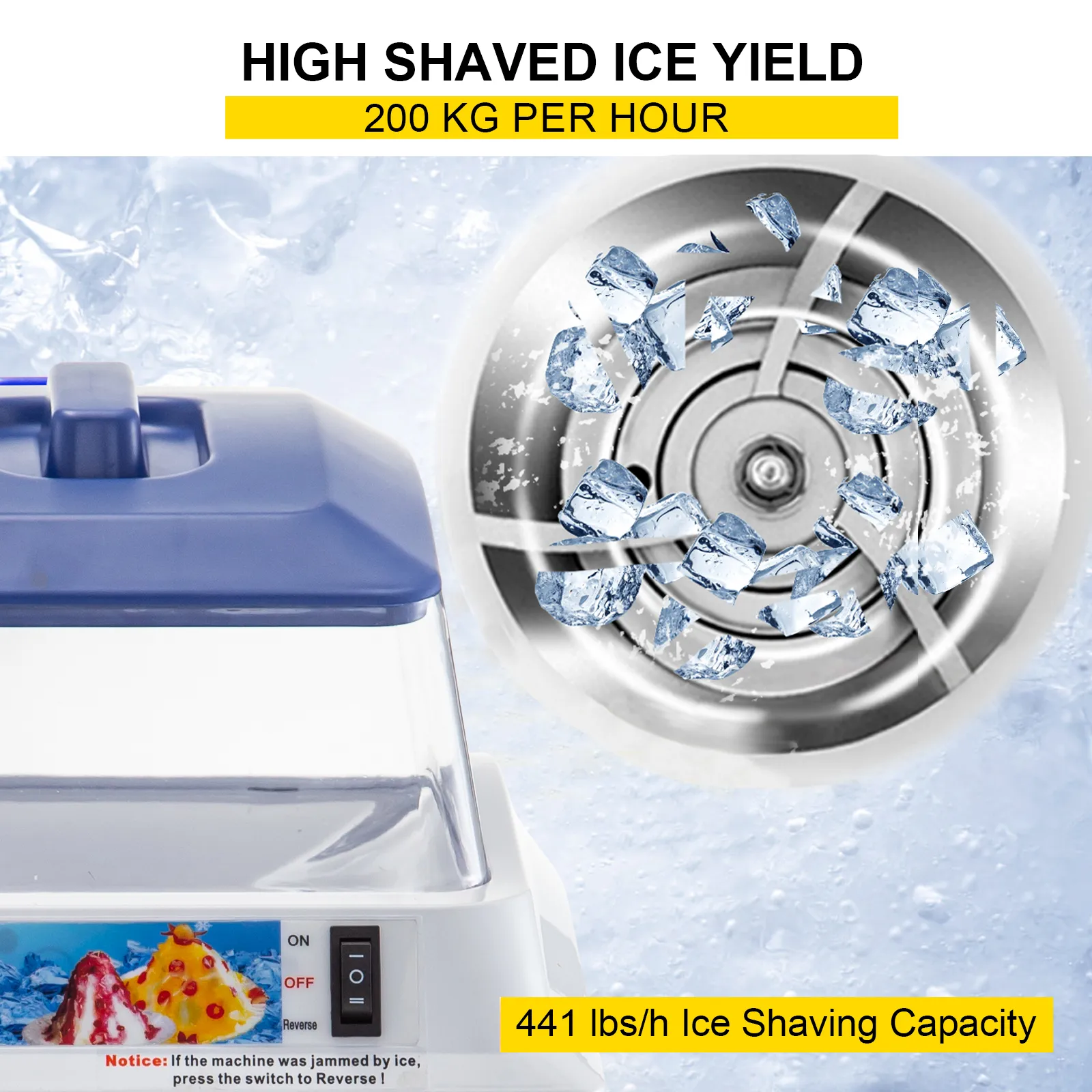 VEVOR ice shaver crusher with 441 lbs/h ice shaving capacity and 200 kg/h yield.