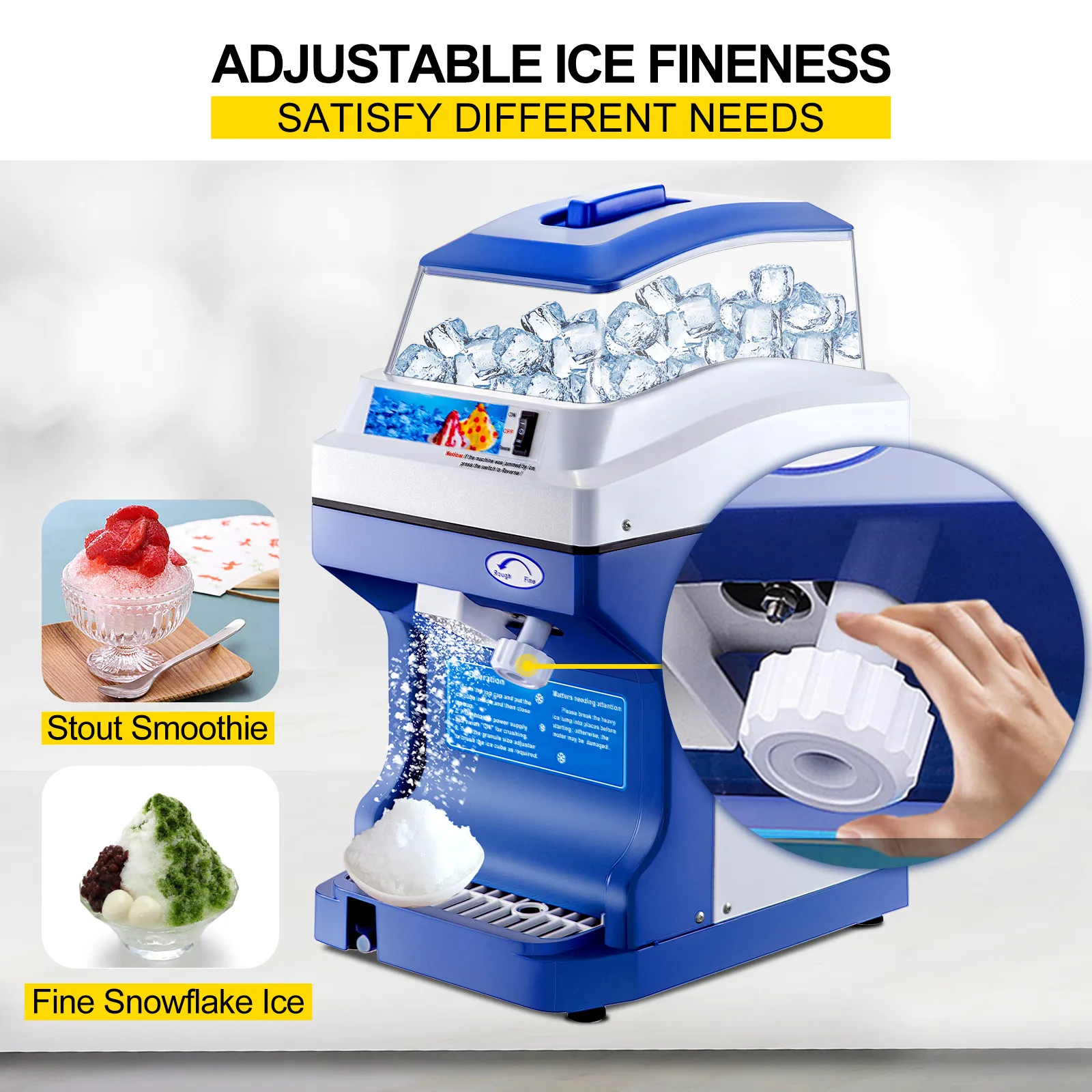 VEVOR ice shaver crusher producing smoothie and snowflake ice with adjustable fineness.