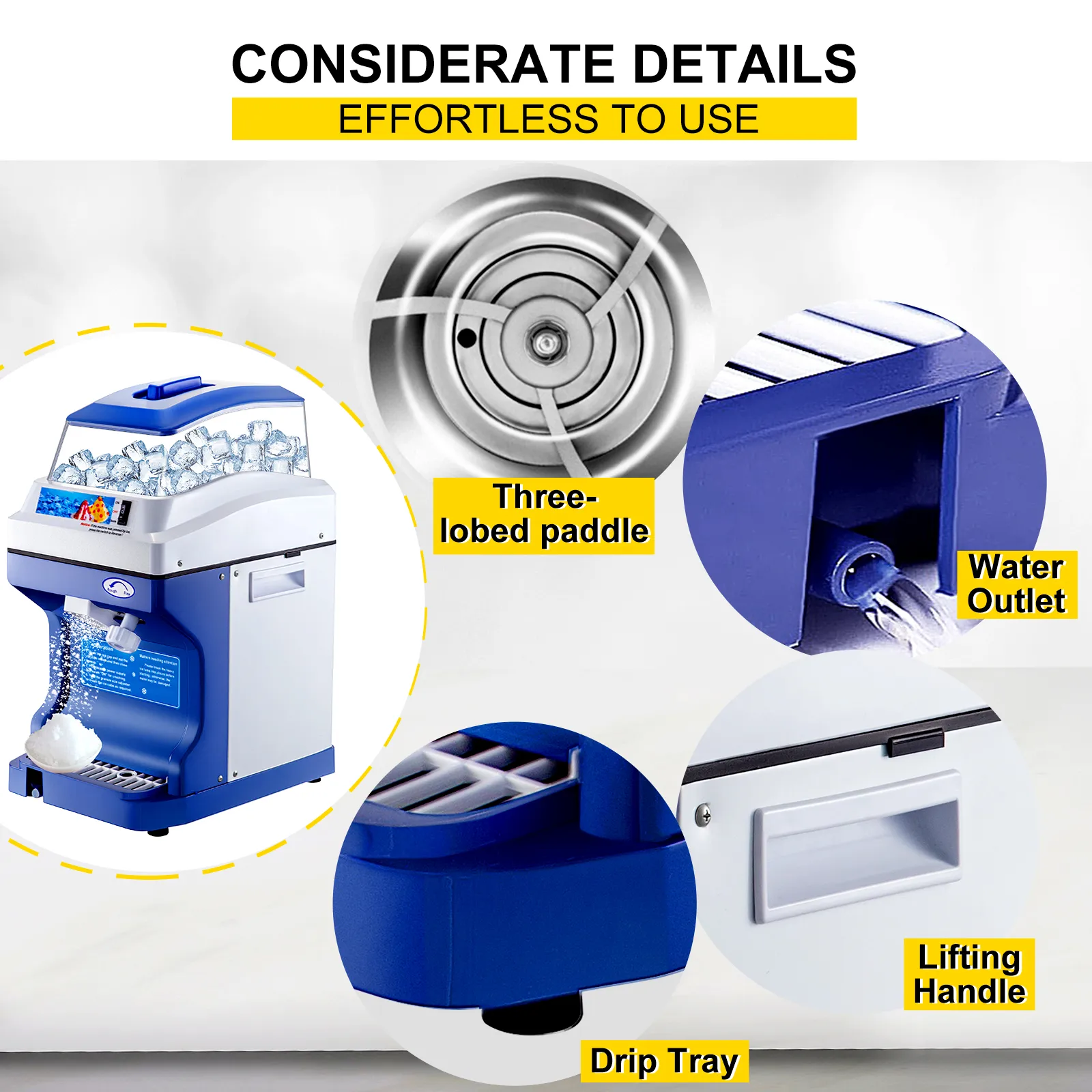 VEVOR ice shaver crusher with three-lobed paddle, water outlet, drip tray, lifting handle.