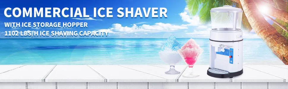 VEVOR ice shaver crusher on beach with shaved ice and palm trees in the background.