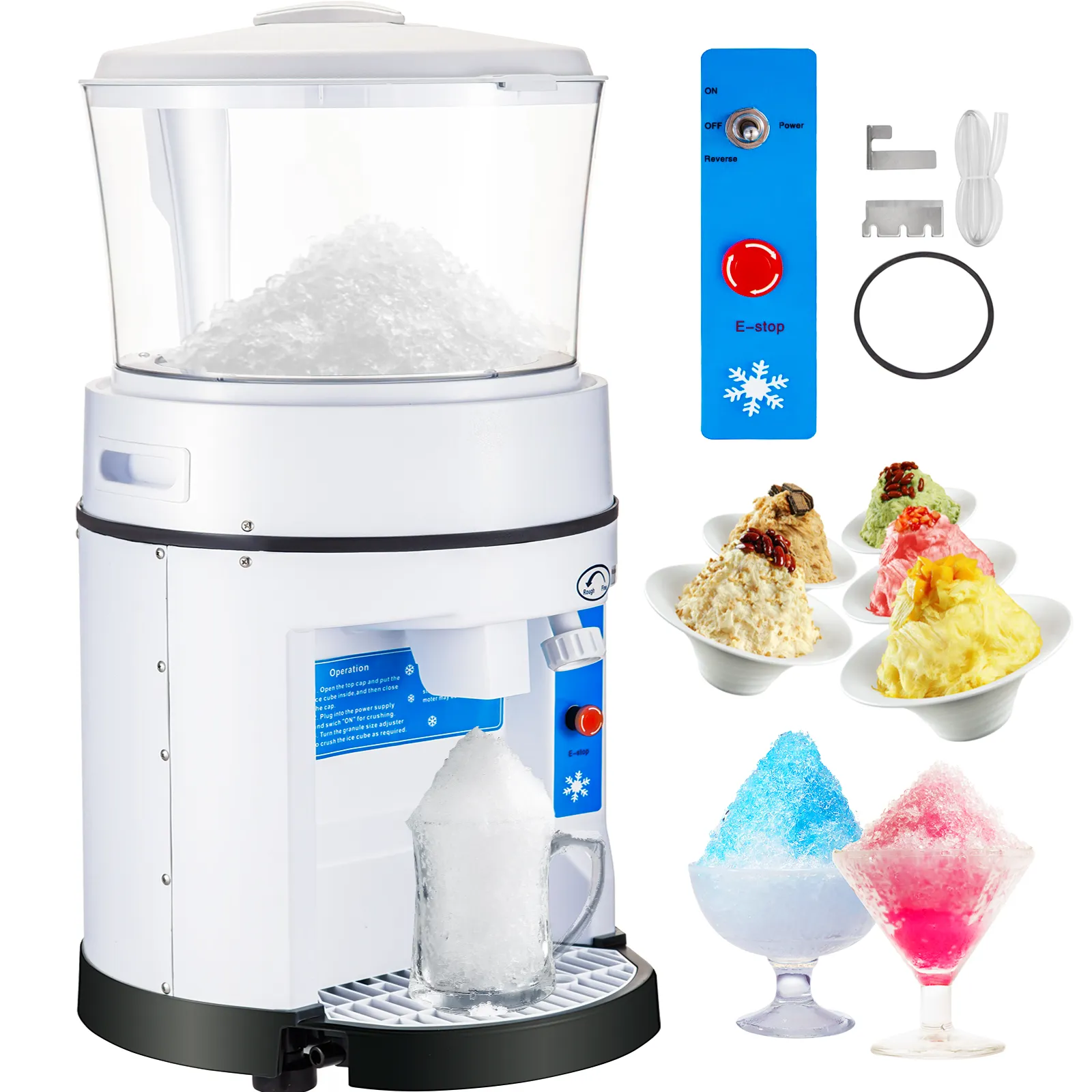 VEVOR ice shaver crusher with ice, control panel, and desserts in bowls and glasses.