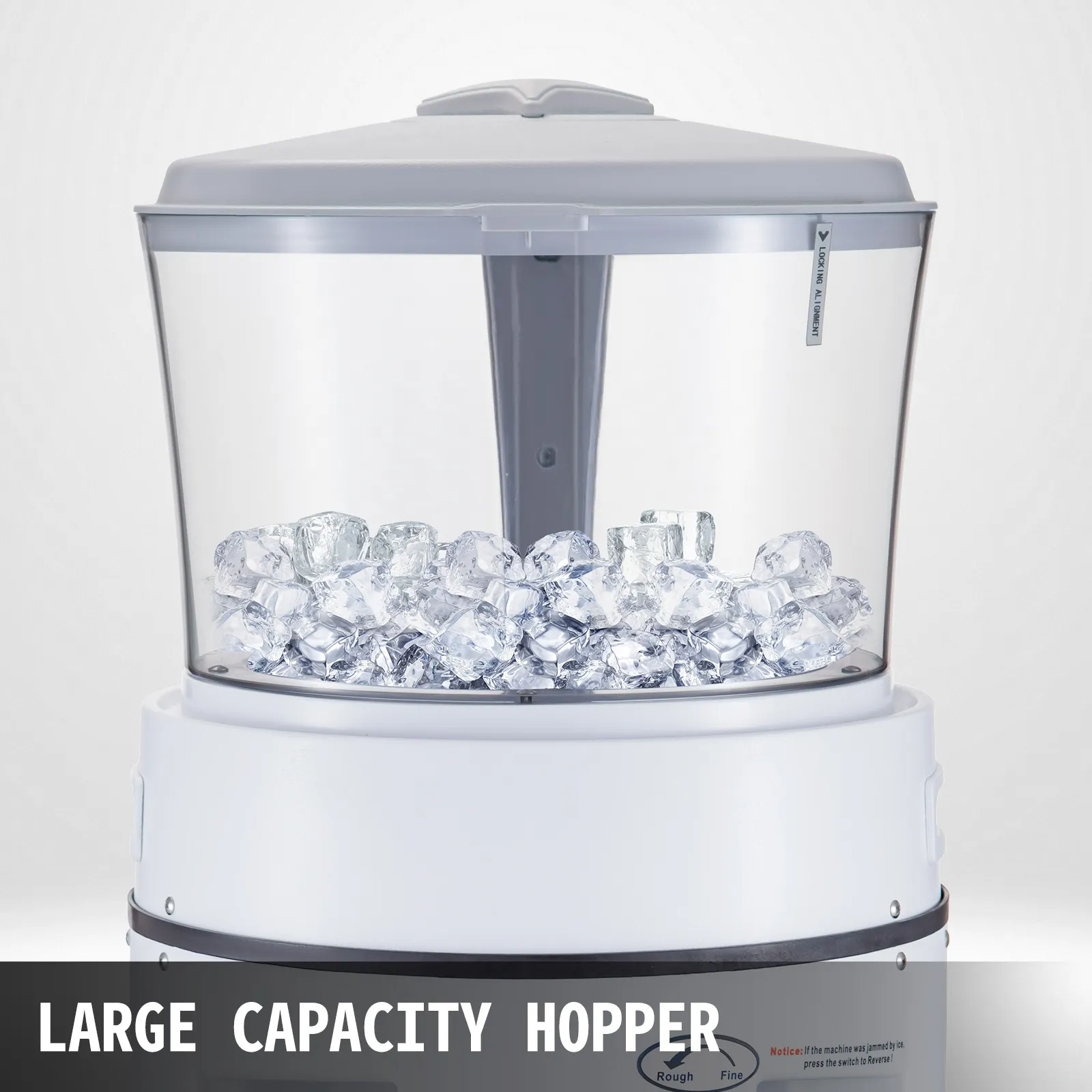 VEVOR ice shaver crusher with a large capacity hopper filled with ice cubes.