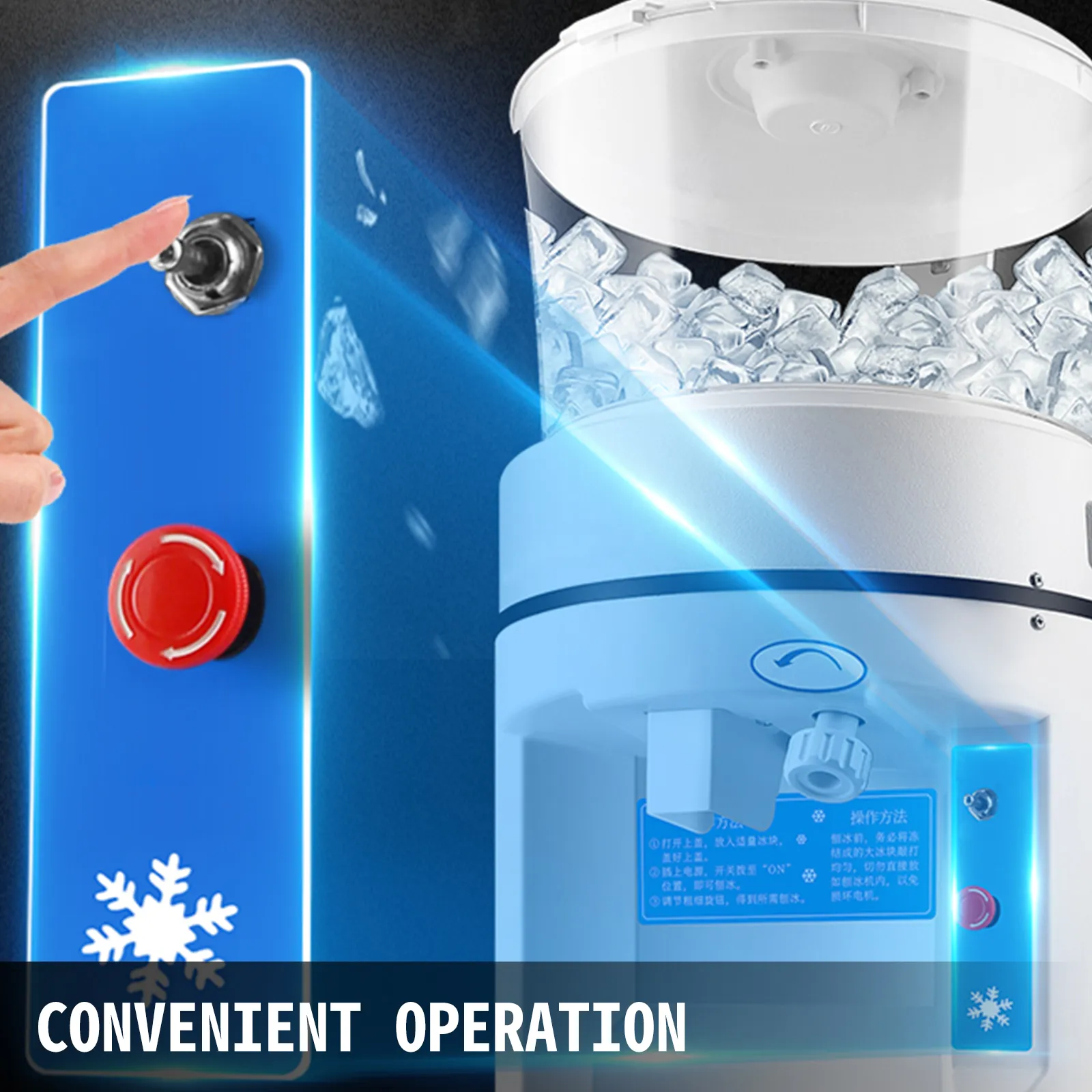 VEVOR ice shaver crusher with convenient operation button and ice-filled chamber.