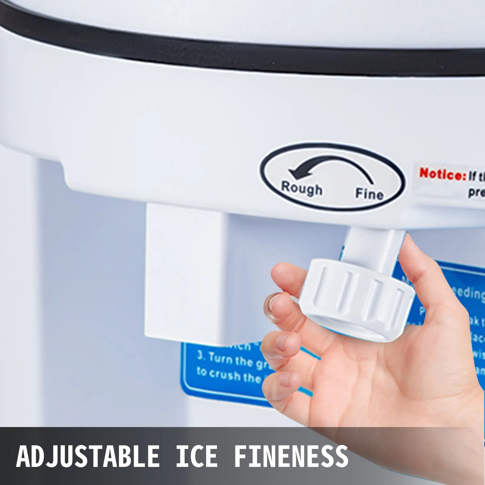 hand adjusting fineness knob on VEVOR ice shaver crusher; text: "adjustable ice fineness".