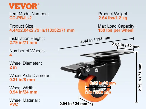 VEVOR caster wheels - model cc-pbjl-2, 2-inch pvc wheels, 150 lbs load, accessories included.